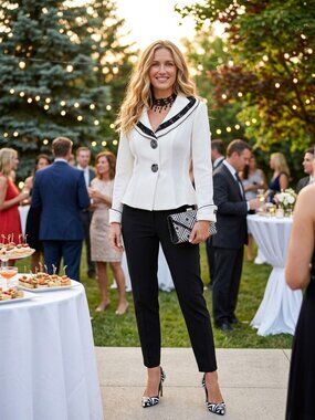Elegant Women's White Jacket - Black Trim with sequin and crystals S/M